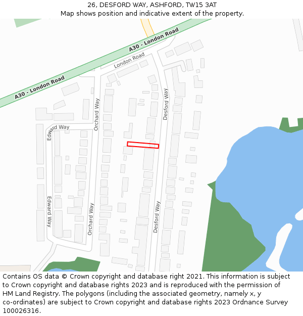 26, DESFORD WAY, ASHFORD, TW15 3AT: Location map and indicative extent of plot