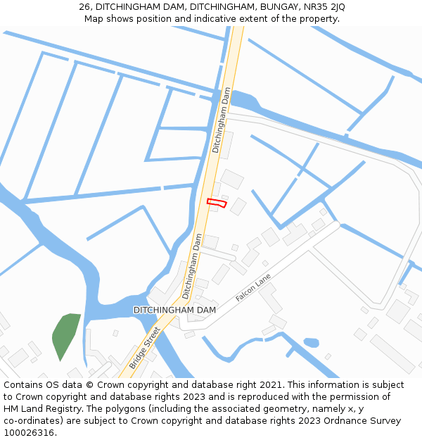 26, DITCHINGHAM DAM, DITCHINGHAM, BUNGAY, NR35 2JQ: Location map and indicative extent of plot
