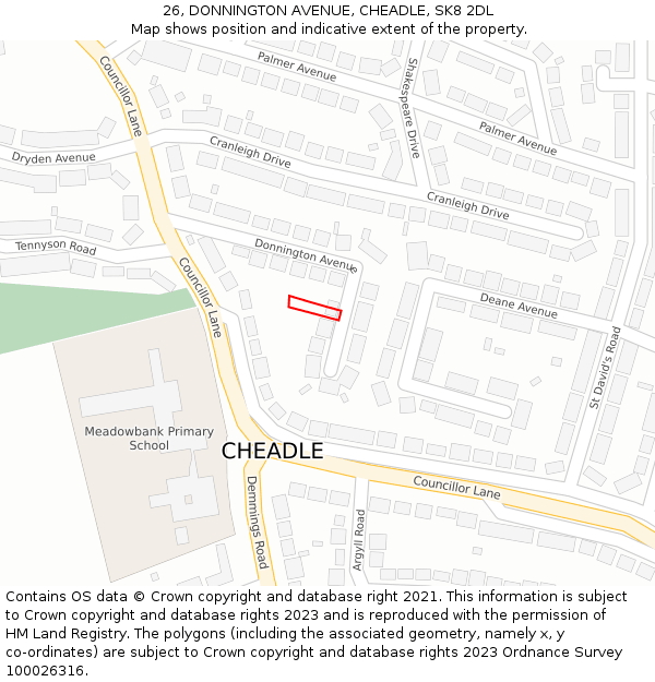 26, DONNINGTON AVENUE, CHEADLE, SK8 2DL: Location map and indicative extent of plot