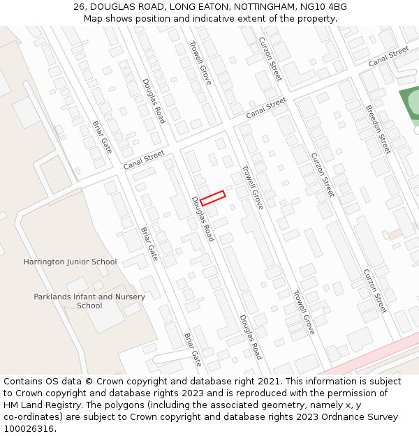 26, DOUGLAS ROAD, LONG EATON, NOTTINGHAM, NG10 4BG: Location map and indicative extent of plot