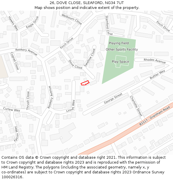 26, DOVE CLOSE, SLEAFORD, NG34 7UT: Location map and indicative extent of plot