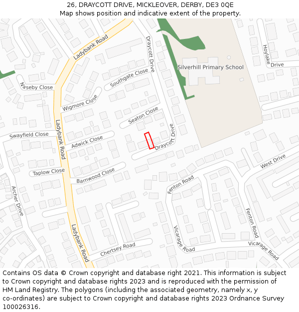 26, DRAYCOTT DRIVE, MICKLEOVER, DERBY, DE3 0QE: Location map and indicative extent of plot