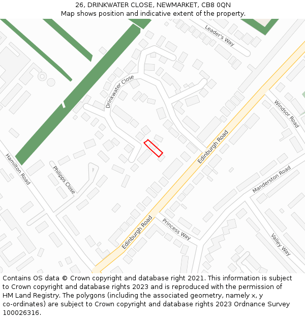 26, DRINKWATER CLOSE, NEWMARKET, CB8 0QN: Location map and indicative extent of plot