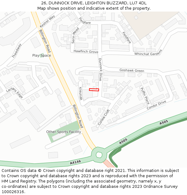 26, DUNNOCK DRIVE, LEIGHTON BUZZARD, LU7 4DL: Location map and indicative extent of plot