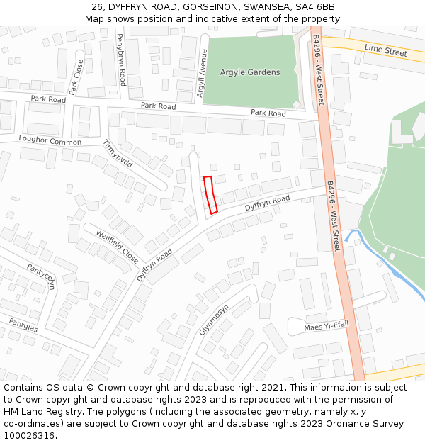 26, DYFFRYN ROAD, GORSEINON, SWANSEA, SA4 6BB: Location map and indicative extent of plot