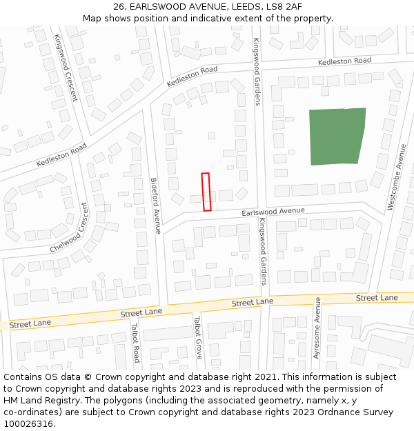 26, EARLSWOOD AVENUE, LEEDS, LS8 2AF: Location map and indicative extent of plot