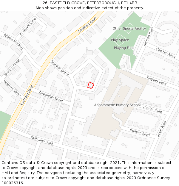 26, EASTFIELD GROVE, PETERBOROUGH, PE1 4BB: Location map and indicative extent of plot