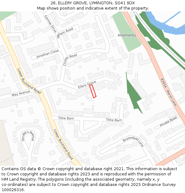 26, ELLERY GROVE, LYMINGTON, SO41 9DX: Location map and indicative extent of plot