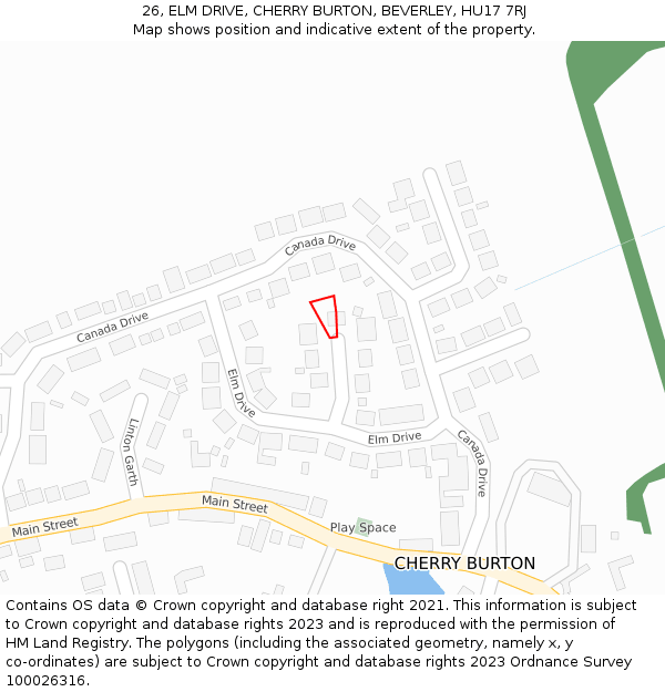 26, ELM DRIVE, CHERRY BURTON, BEVERLEY, HU17 7RJ: Location map and indicative extent of plot
