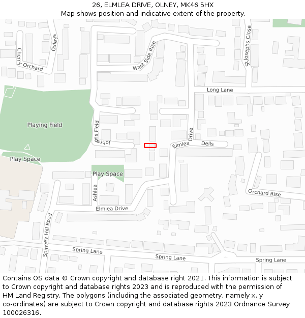 26, ELMLEA DRIVE, OLNEY, MK46 5HX: Location map and indicative extent of plot