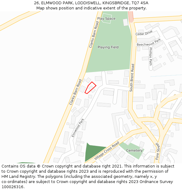 26, ELMWOOD PARK, LODDISWELL, KINGSBRIDGE, TQ7 4SA: Location map and indicative extent of plot