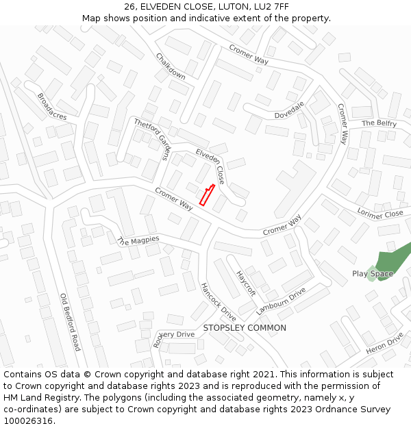 26, ELVEDEN CLOSE, LUTON, LU2 7FF: Location map and indicative extent of plot