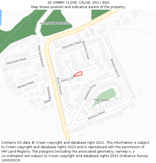 26, EMBRY CLOSE, CALNE, SN11 8QS: Location map and indicative extent of plot