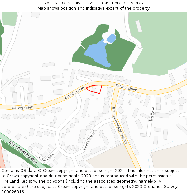 26, ESTCOTS DRIVE, EAST GRINSTEAD, RH19 3DA: Location map and indicative extent of plot