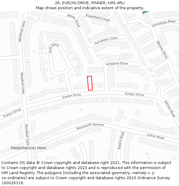 26, EVELYN DRIVE, PINNER, HA5 4RU: Location map and indicative extent of plot