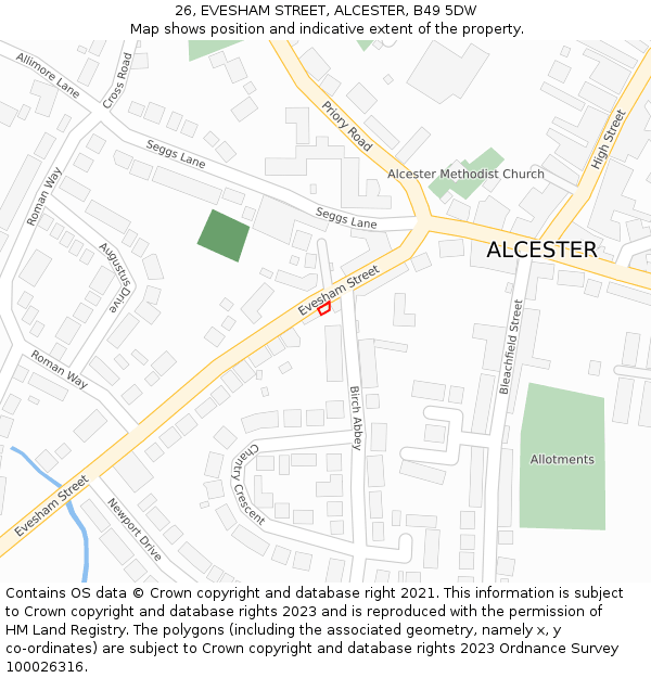 26, EVESHAM STREET, ALCESTER, B49 5DW: Location map and indicative extent of plot