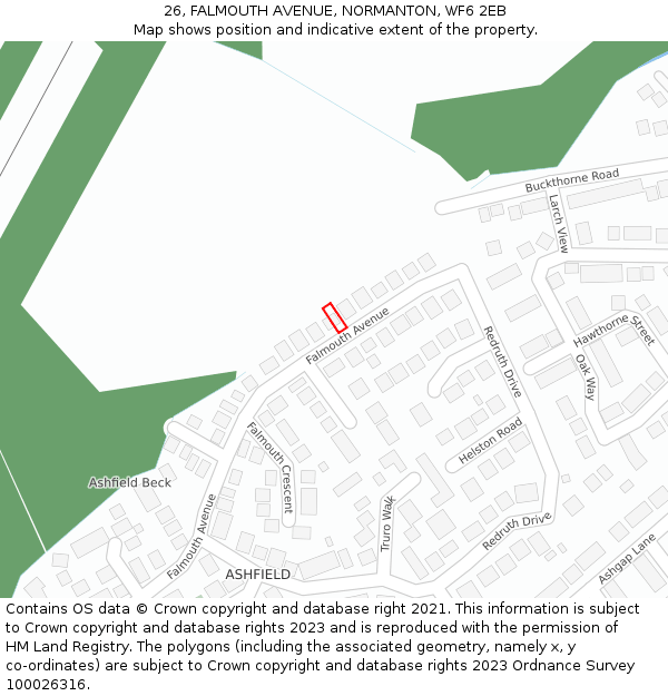 26, FALMOUTH AVENUE, NORMANTON, WF6 2EB: Location map and indicative extent of plot