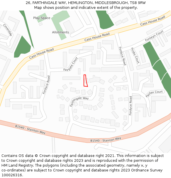 26, FARTHINGALE WAY, HEMLINGTON, MIDDLESBROUGH, TS8 9RW: Location map and indicative extent of plot