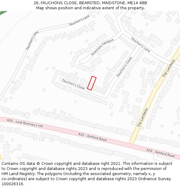 26, FAUCHONS CLOSE, BEARSTED, MAIDSTONE, ME14 4BB: Location map and indicative extent of plot