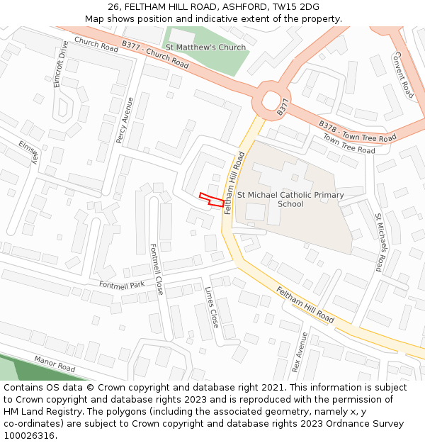 26, FELTHAM HILL ROAD, ASHFORD, TW15 2DG: Location map and indicative extent of plot