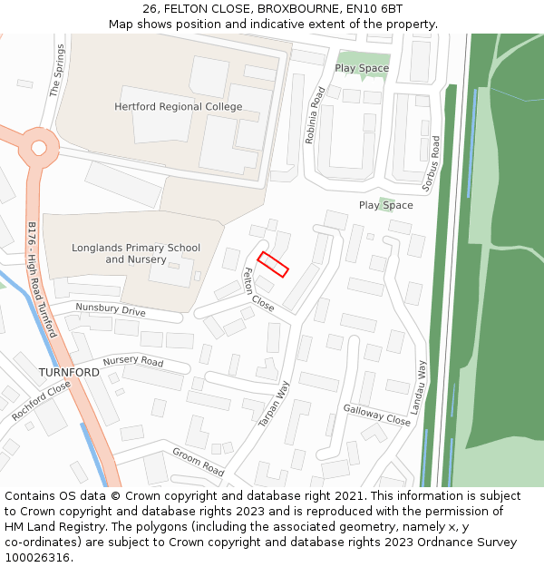 26, FELTON CLOSE, BROXBOURNE, EN10 6BT: Location map and indicative extent of plot