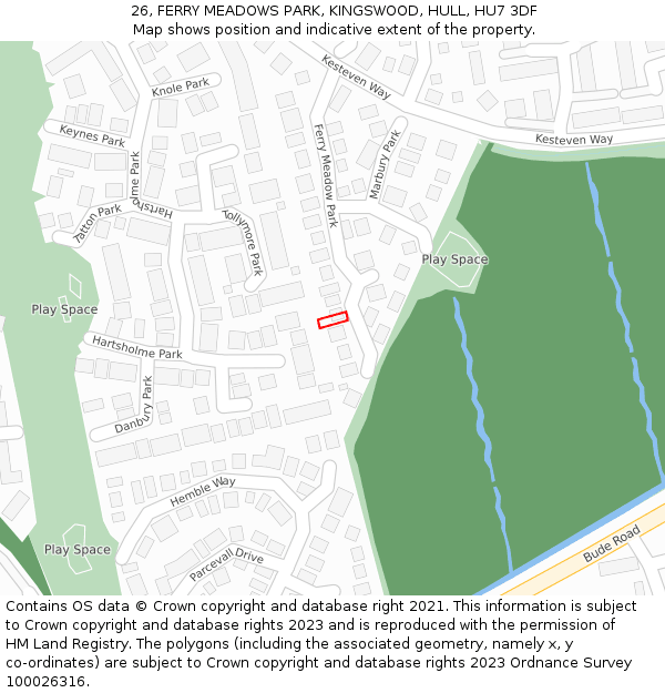 26, FERRY MEADOWS PARK, KINGSWOOD, HULL, HU7 3DF: Location map and indicative extent of plot