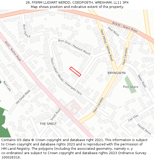 26, FFERM LLIDIART WERDD, COEDPOETH, WREXHAM, LL11 3PX: Location map and indicative extent of plot