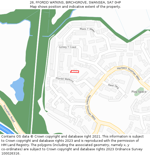 26, FFORDD WATKINS, BIRCHGROVE, SWANSEA, SA7 0HP: Location map and indicative extent of plot