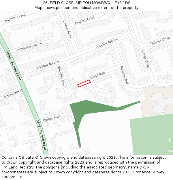 26, FIELD CLOSE, MELTON MOWBRAY, LE13 1DS: Location map and indicative extent of plot
