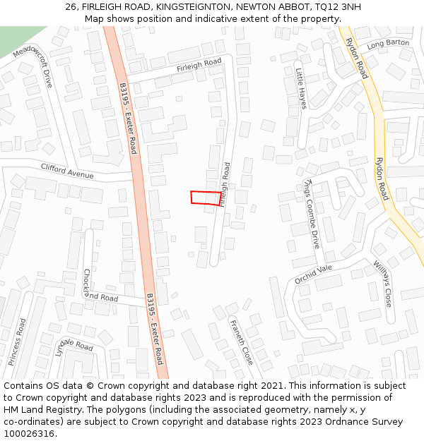 26, FIRLEIGH ROAD, KINGSTEIGNTON, NEWTON ABBOT, TQ12 3NH: Location map and indicative extent of plot