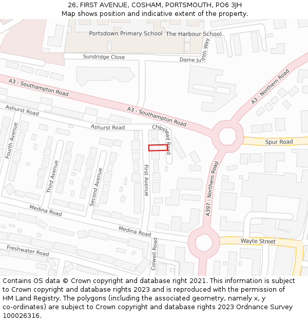 26, FIRST AVENUE, COSHAM, PORTSMOUTH, PO6 3JH: Location map and indicative extent of plot