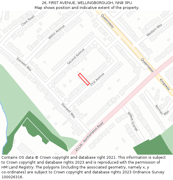 26, FIRST AVENUE, WELLINGBOROUGH, NN8 3PU: Location map and indicative extent of plot