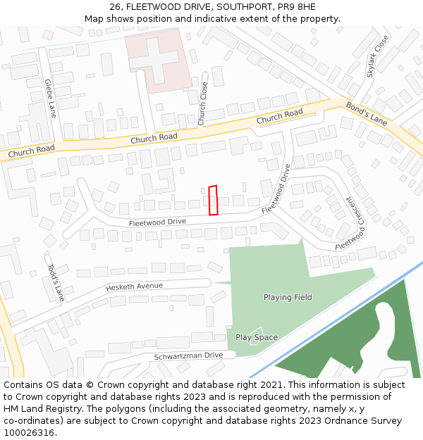 26, FLEETWOOD DRIVE, SOUTHPORT, PR9 8HE: Location map and indicative extent of plot