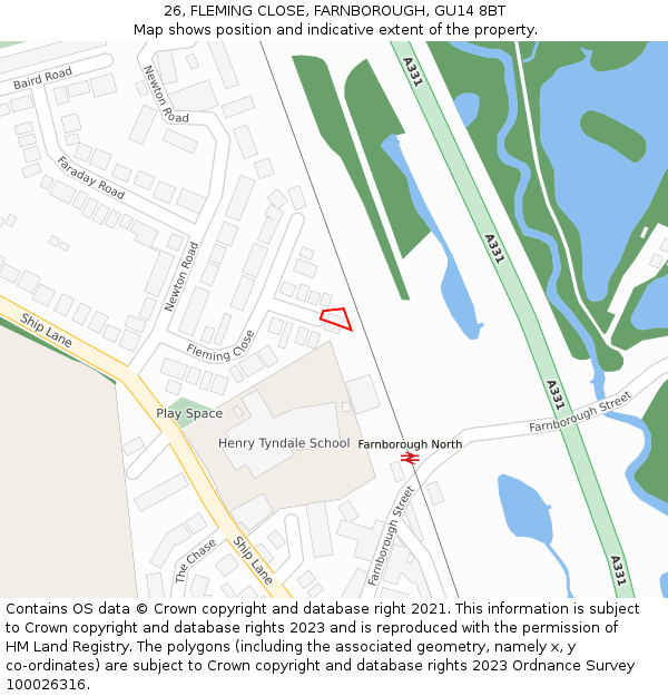 26, FLEMING CLOSE, FARNBOROUGH, GU14 8BT: Location map and indicative extent of plot