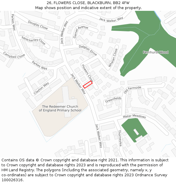 26, FLOWERS CLOSE, BLACKBURN, BB2 4FW: Location map and indicative extent of plot