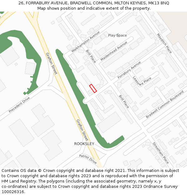 26, FORRABURY AVENUE, BRADWELL COMMON, MILTON KEYNES, MK13 8NQ: Location map and indicative extent of plot