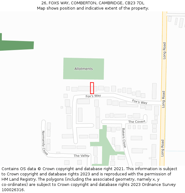 26, FOXS WAY, COMBERTON, CAMBRIDGE, CB23 7DL: Location map and indicative extent of plot