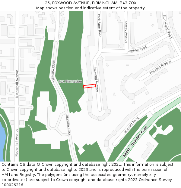 26, FOXWOOD AVENUE, BIRMINGHAM, B43 7QX: Location map and indicative extent of plot