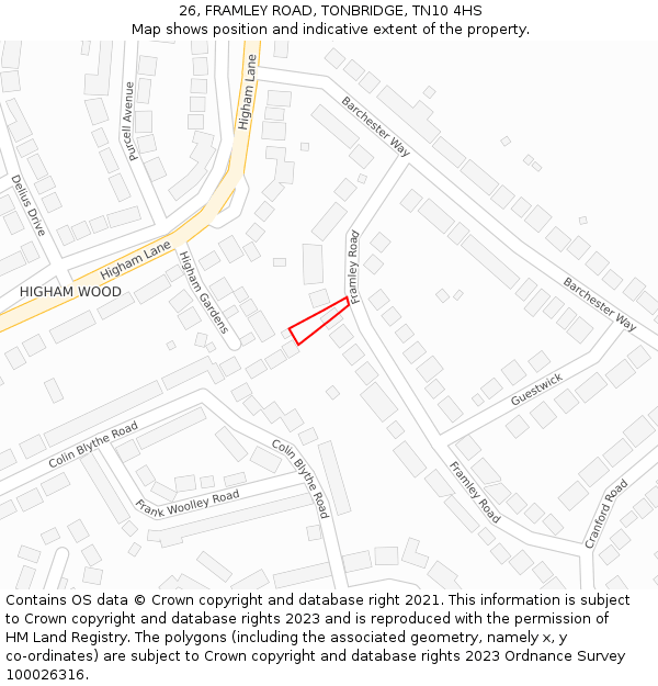 26, FRAMLEY ROAD, TONBRIDGE, TN10 4HS: Location map and indicative extent of plot