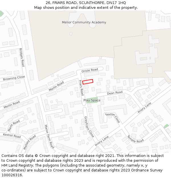 26, FRIARS ROAD, SCUNTHORPE, DN17 1HQ: Location map and indicative extent of plot