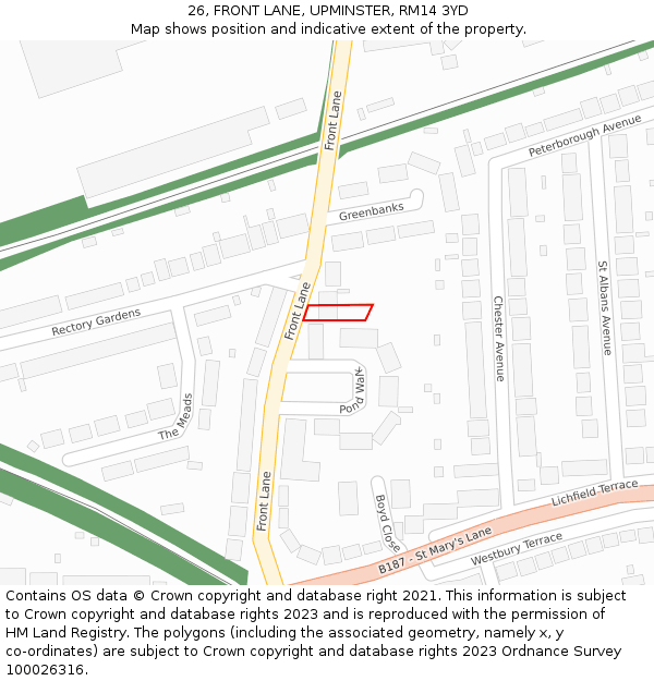 26, FRONT LANE, UPMINSTER, RM14 3YD: Location map and indicative extent of plot