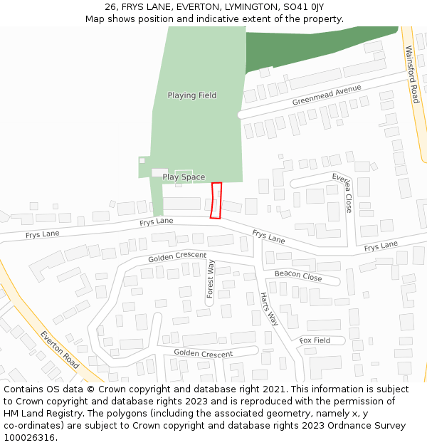 26, FRYS LANE, EVERTON, LYMINGTON, SO41 0JY: Location map and indicative extent of plot