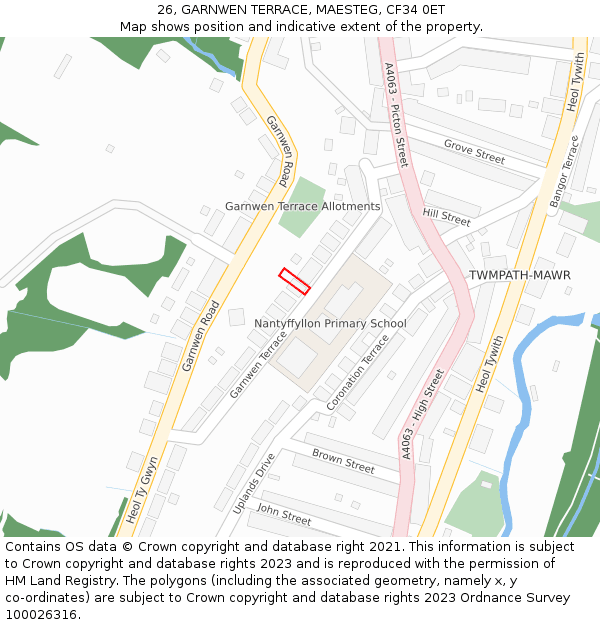 26, GARNWEN TERRACE, MAESTEG, CF34 0ET: Location map and indicative extent of plot