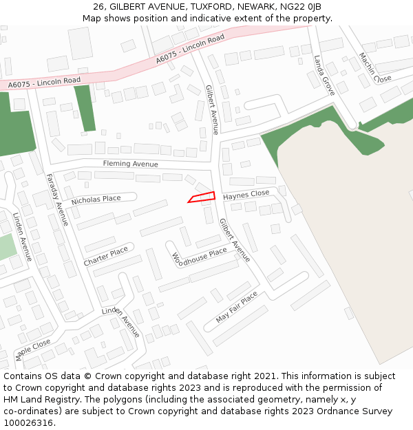 26, GILBERT AVENUE, TUXFORD, NEWARK, NG22 0JB: Location map and indicative extent of plot
