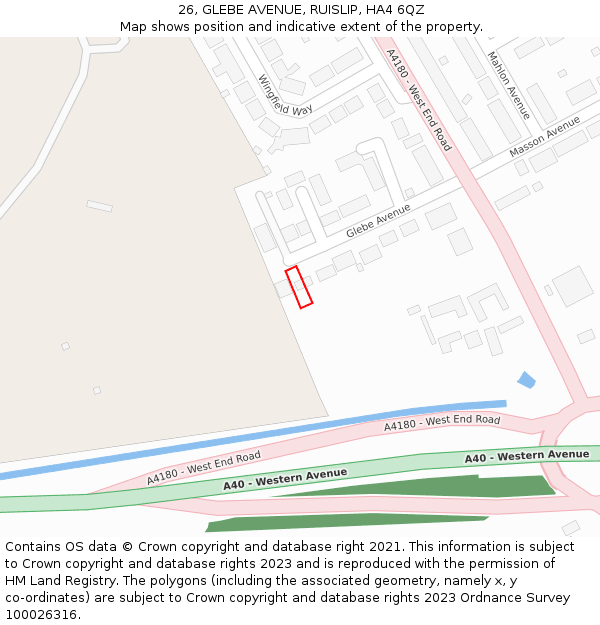 26, GLEBE AVENUE, RUISLIP, HA4 6QZ: Location map and indicative extent of plot