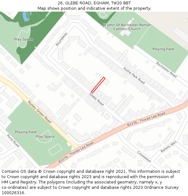 26, GLEBE ROAD, EGHAM, TW20 8BT: Location map and indicative extent of plot