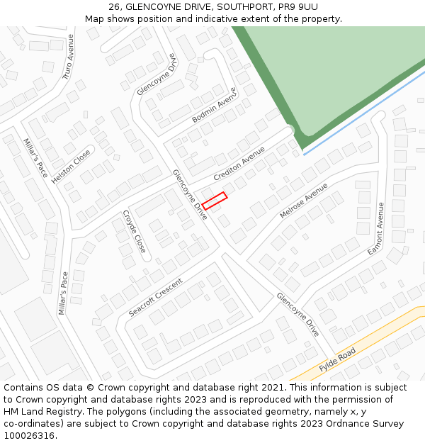 26, GLENCOYNE DRIVE, SOUTHPORT, PR9 9UU: Location map and indicative extent of plot