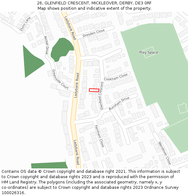 26, GLENFIELD CRESCENT, MICKLEOVER, DERBY, DE3 0RF: Location map and indicative extent of plot