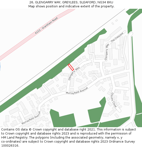 26, GLENGARRY WAY, GREYLEES, SLEAFORD, NG34 8XU: Location map and indicative extent of plot
