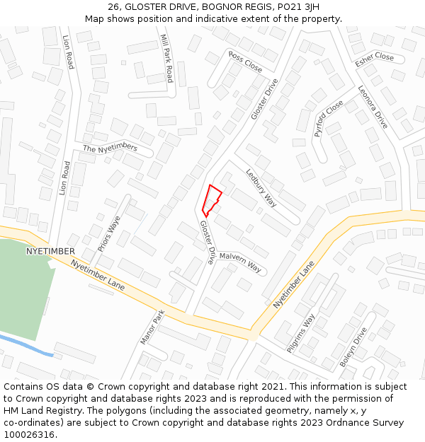 26, GLOSTER DRIVE, BOGNOR REGIS, PO21 3JH: Location map and indicative extent of plot